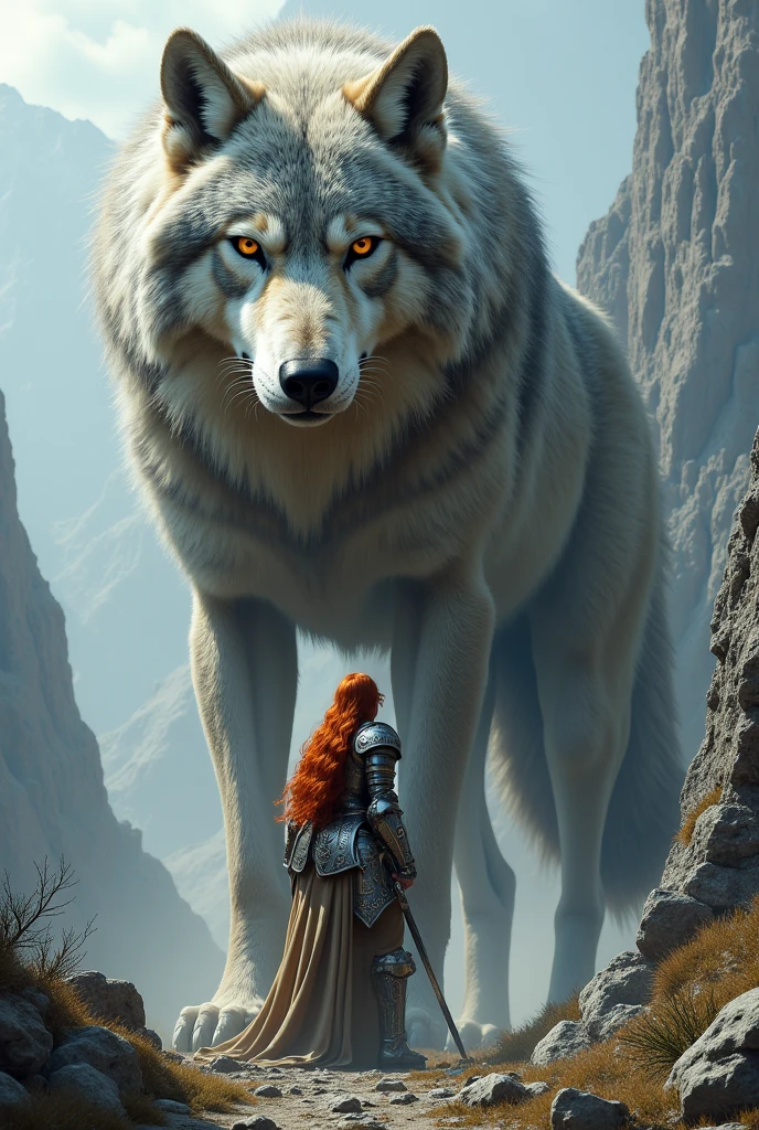 A 5 meter tall wolf, next to a red-haired woman she is wearing medieval armor