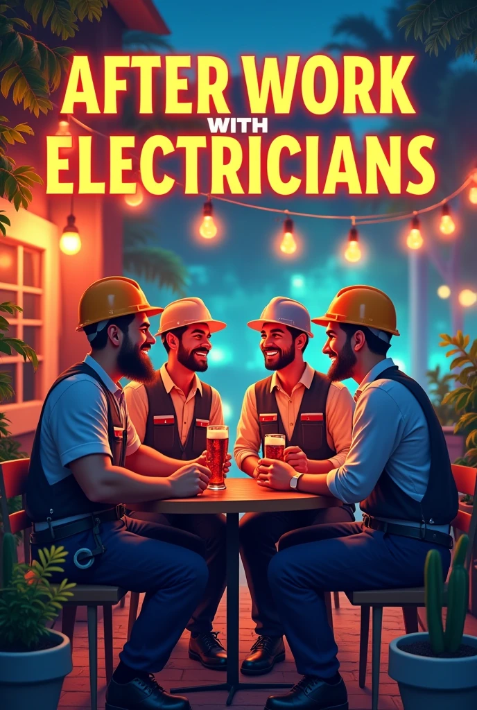 A vibrant and welcoming poster for an afterwork event with electricians. The scene is set in a cozy but modern bar or outdoor space, with soft warm lighting. The electricians are in relaxed, casual outfits, but they still have work-related elements like tool belts hanging nearby, helmets resting on tables, or electrical equipment in the background. They are happily chatting and laughing, holding drinks like beer or soda, with a friendly and light-hearted atmosphere. The poster includes festive details like string lights, perhaps with a subtle electric theme, such as glowing wires, sockets, or light bulbs incorporated into the design. The text 'Afterwork with Electricians' is boldly displayed at the top in large, bold letters. Include date, time, and location in smaller, easily readable text