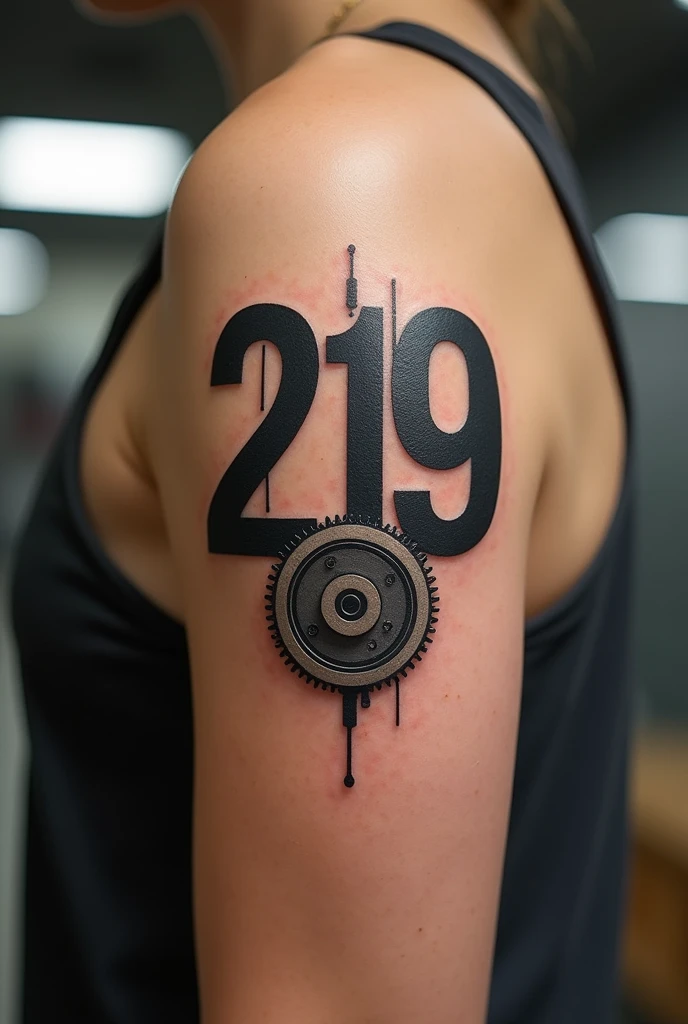 Simplified tattoo with the number 219 in a mechanical style