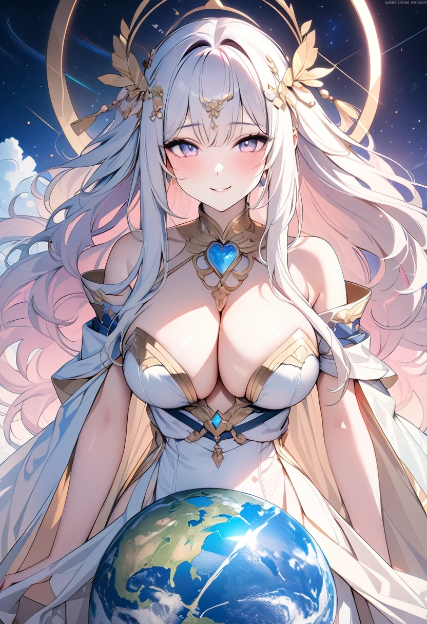 (((Highest quality, 8k, masterpiece: 1.3)), \(One woman, Giant Goddess, Wearing a thin cloth, Shiny Hair, smile, Holding the Earth in My Heart:1.5, universe space\)