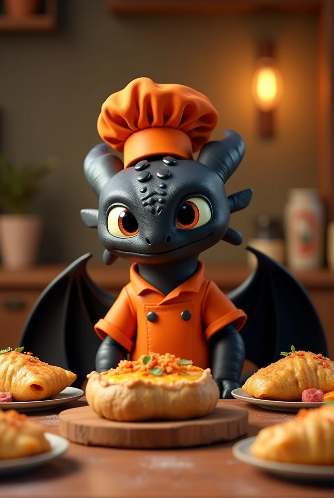 Toothless dragon from the movie Training Your Dragon in a cheerful orange chef costume with stuffed potato and empanadas on the table