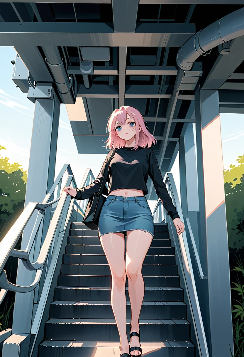 realistic anime illustration of adorable young woman is walking on footbridge 's downstair, she is wearing double layered shirt, pink t-shirt, overlay with black long sleeve crop t-shirt, light-blue denim pencil skirt, black heel sandals, carrying black tote bag, (1girl, solo, full body), (masterpiece, best quality, japanese anime style), (expressive eyes, perfect face)