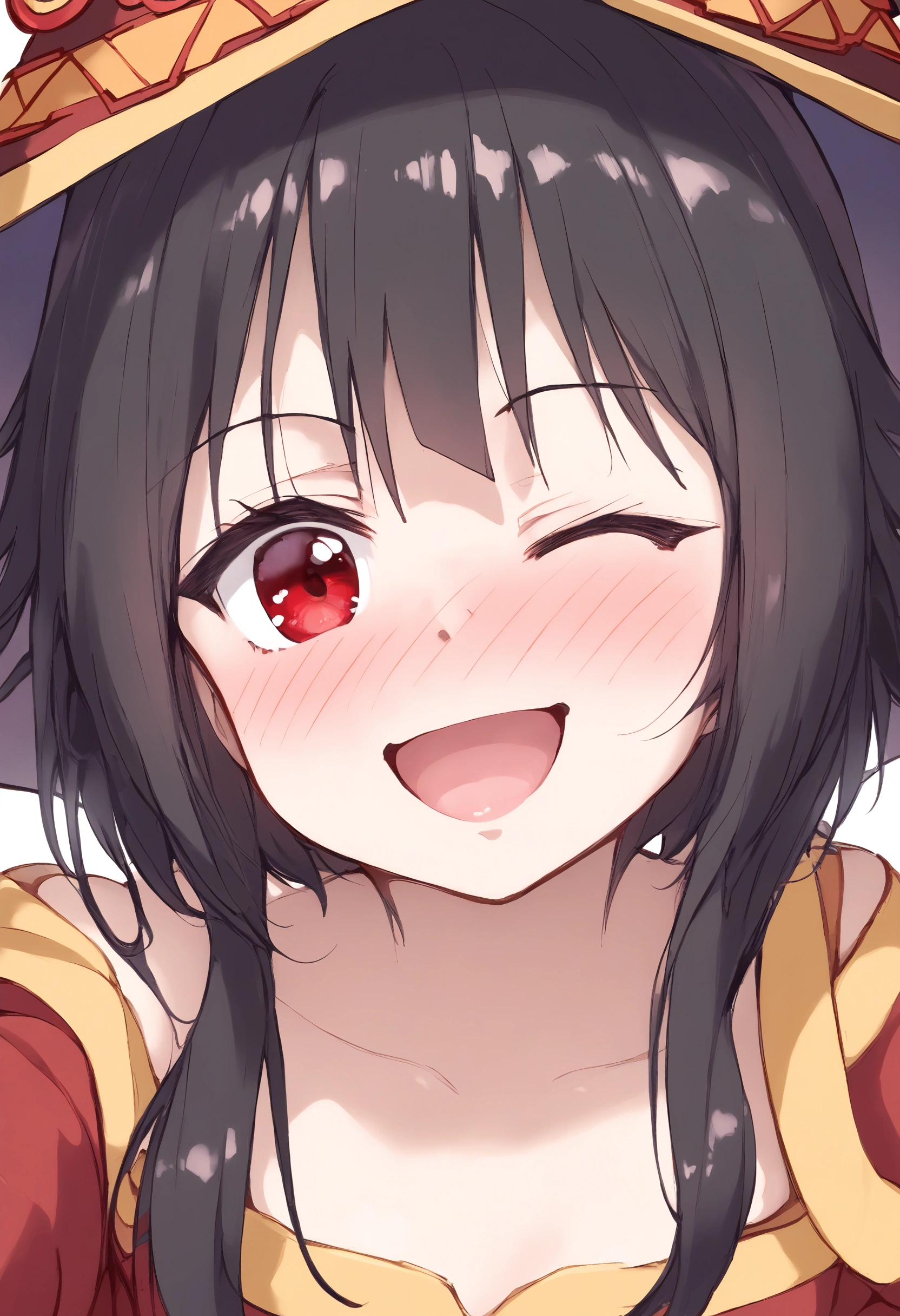 portrait, Megumin, short hair, black hair, (red eyes:1.3), short hair with long locks, winking, happy, nose blush,
