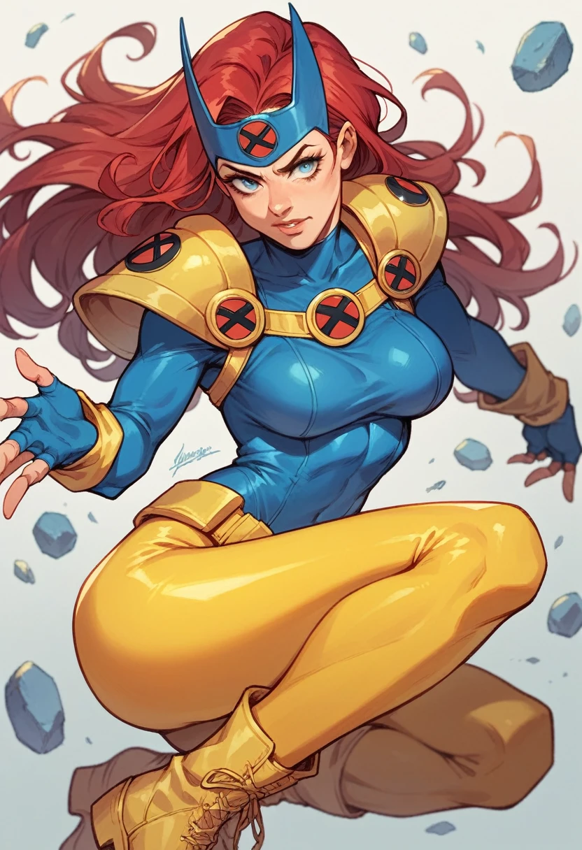 1woman, x-men, comics style, long red hair, blue face-framing headpiece, bodysuit, blue top, blue shoulder pads, yellow long sleeves, yellow leggings, yellow high boots, blue fingerless gloves