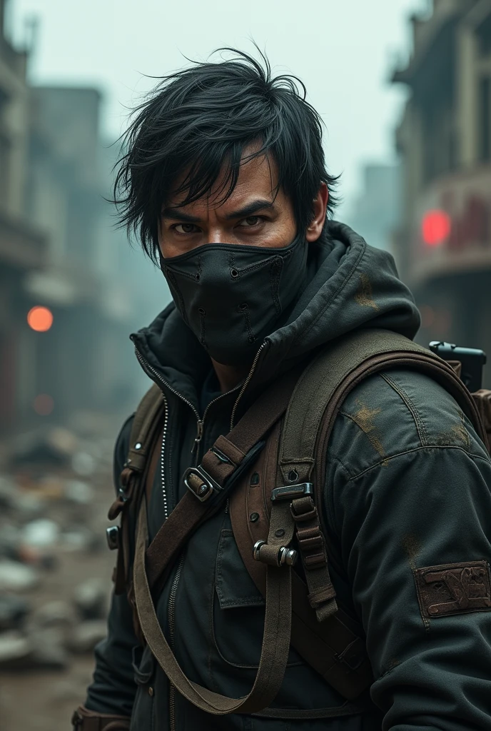 CREATE A DRAWING OF A MAN WITH DARK HAIR, BROWN EYES AND MASKED, GAME THEME IN A APOCALYPSE FOR A LOGO 
