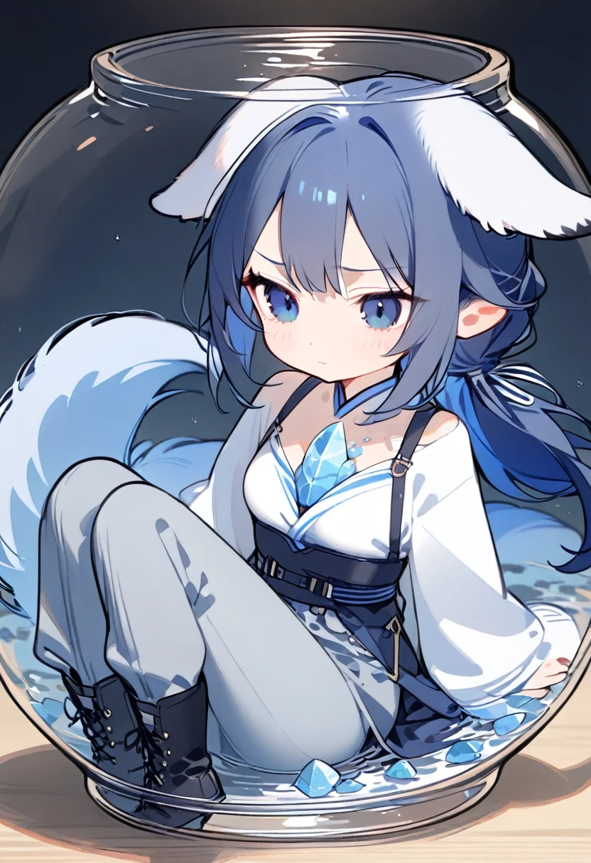 1girl, solo, bangs, hair braided in a low long ponytail, long blue fox ears, grey blue bodysuit, gray big pants, high boots, big fox fire blue tail, dark blue hair, dark blue eyes, sad look, straps on the chest, straps on the waist, short gray-green skirt. Sits in a jar of water. Water. Crystals 