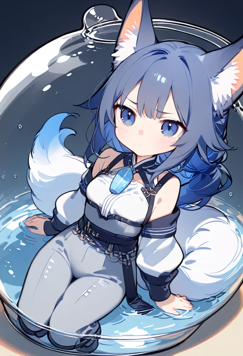 1girl, solo, bangs, hair braided in a low long ponytail, long blue fox ears, grey blue bodysuit, gray big pants, high boots, big fox fire blue tail, dark blue hair, dark blue eyes, sad look, straps on the chest, straps on the waist, short gray-green skirt. Sits in a jar of water. Water. Crystals 