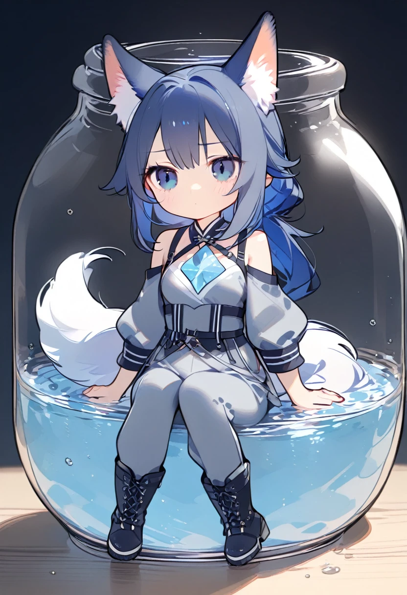 1girl, solo, bangs, hair braided in a low long ponytail, long blue fox ears, grey blue bodysuit, gray big pants, high boots, big fox fire blue tail, dark blue hair, dark blue eyes, sad look, straps on the chest, straps on the waist, short gray-green skirt. Sits in a jar of water. Water. Crystals 