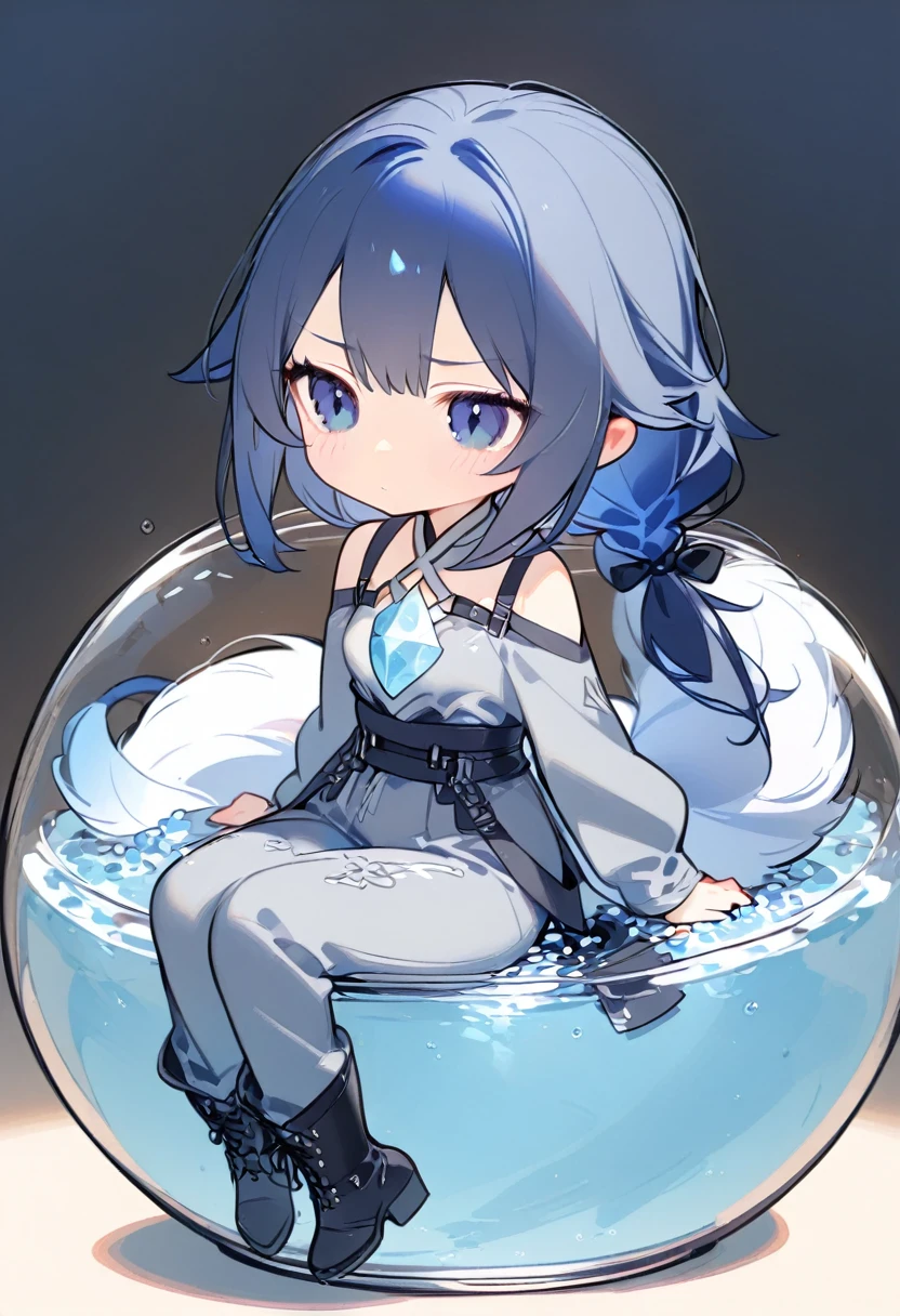 1girl, solo, bangs, hair braided in a low long ponytail, long blue fox ears, grey blue bodysuit, gray big pants, high boots, big fox fire blue tail, dark blue hair, dark blue eyes, sad look, straps on the chest, straps on the waist, short gray-green skirt. Sits in a jar of water. Water. Crystals 