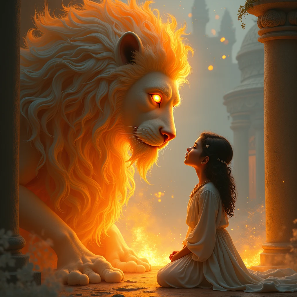 The Iranian girl kneeling in front of the kind god of fire and looking at each other