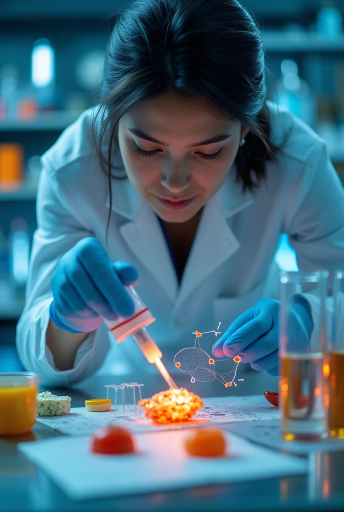 Horizontal image of a Venezuelan person doing neurogastronomic tests where you can see details of food testing and the brain and molecules.
