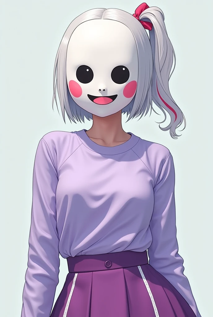 A white chick, with short hair, shoulder length, with a navy pigtail wave, with the color reddish pink, with an outfit, the light purple long sleeve t-shirt and the high waist skirt in a slightly darker purple color with white details, and with a mask that covers the entire face, with the white color, the detralhe is that the mask with the happy caride, the eyes and mouth will be black, and don&#39;t forget that the mouth and eyes are covered by the mask