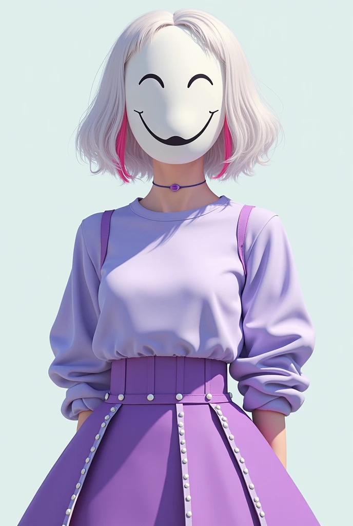 A white chick, with short hair, shoulder length, with a navy pigtail wave, with the color reddish pink, with an outfit, the light purple long sleeve t-shirt and the high waist skirt in a slightly darker purple color with white details, and with a mask that covers the entire face, with the white color, the detralhe is that the mask with the happy caride, the eyes and mouth will be black, and don&#39;t forget that the mouth and eyes are covered by the mask