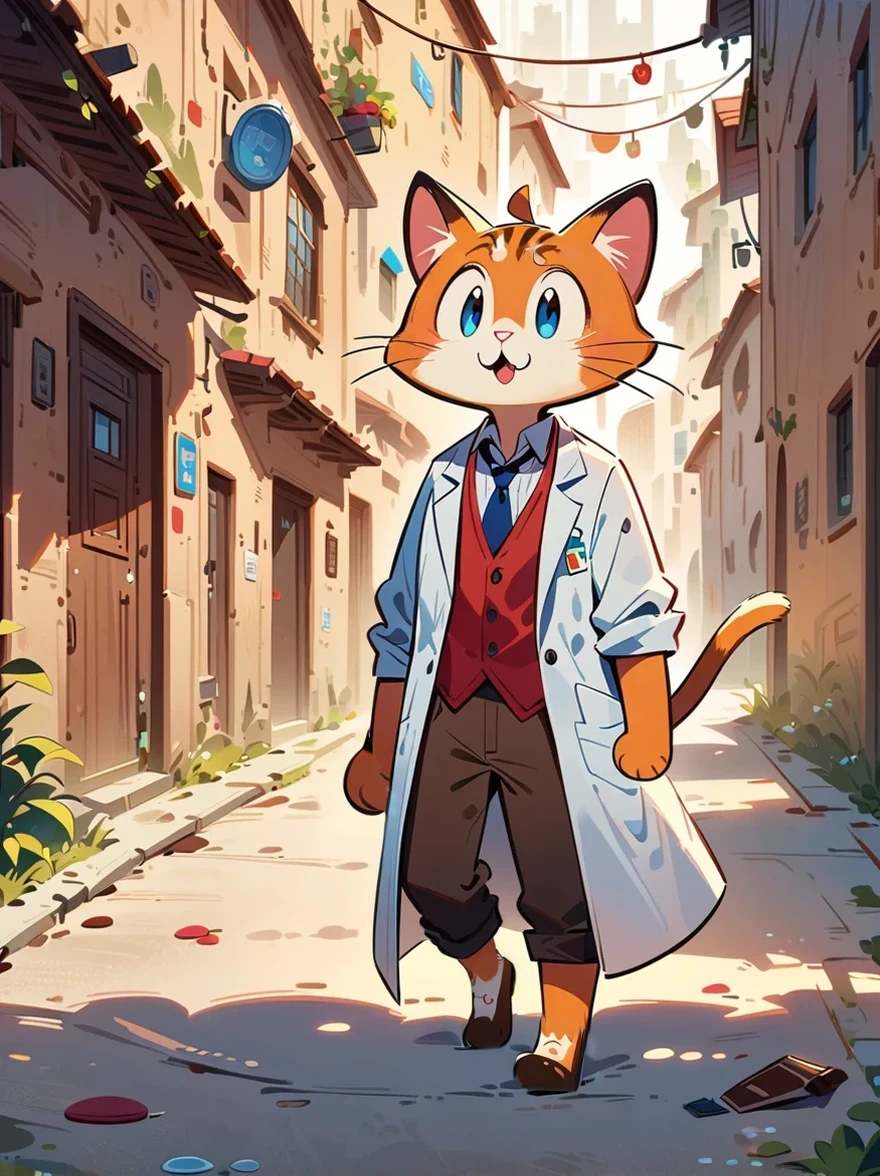 2d a male cat teacher, dressed as a teacher in a lab coat, 2d cartoon style, full body, solo, whimsical, adorable, male face, masterpiece, 8k, cinematic lighting, award-winning digital art