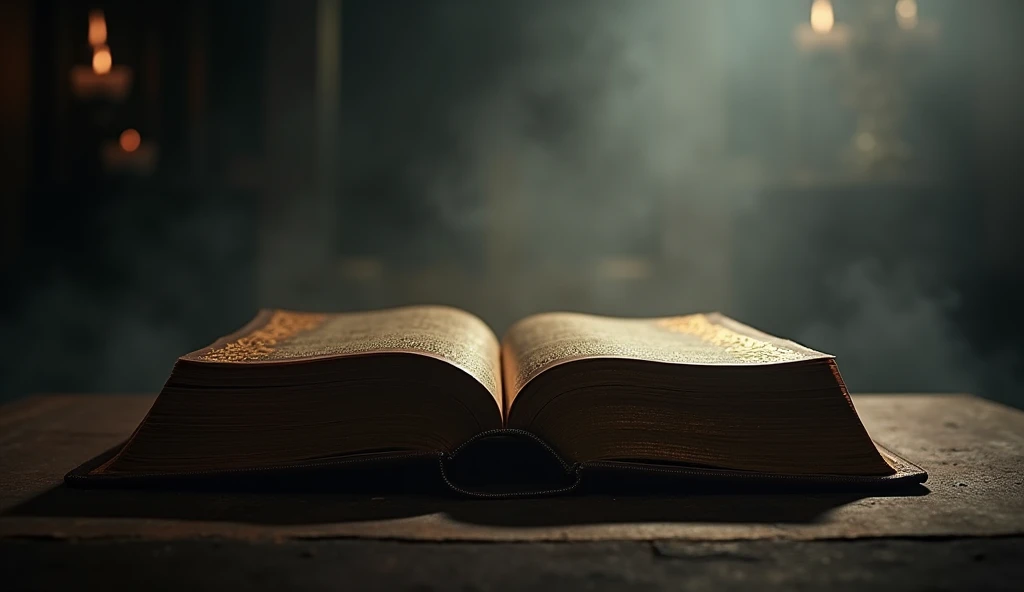 Image of the Bible slowly closing, with background music increasing in intensity