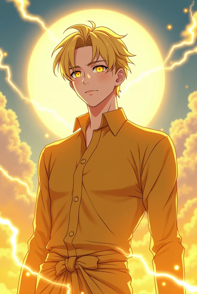 A young and cute beautiful Korean man with bright blonde hair a smooth skin and bright yellow eyes. He stand in front of the sun in a bright light, wearing a yellow outfit, he control the lightning and light. Anime