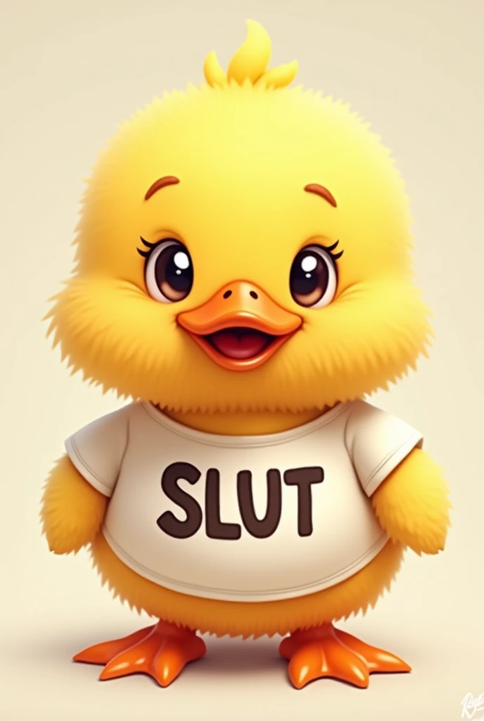a cute fluffy duck wearing a top that says slut