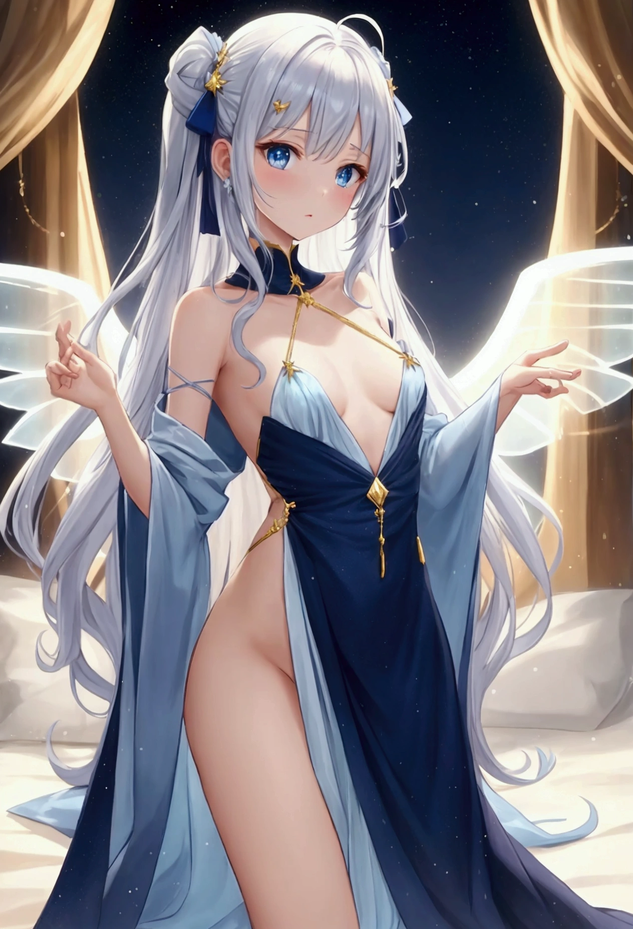 Sexy anime girl with small breasts and long hair, wavy and silvery with golden highlights, reaching up to the waist.
Thin and delicate face, with pale and luminous skin.
large eyes, Deep blue with gold flecks.
Long flowing light blue dress, which turns silver at the edges, decorated with little stars.
Translucent and ethereal fairy wings, with a soft golden outline.
It emits a soft golden glow that surrounds it..