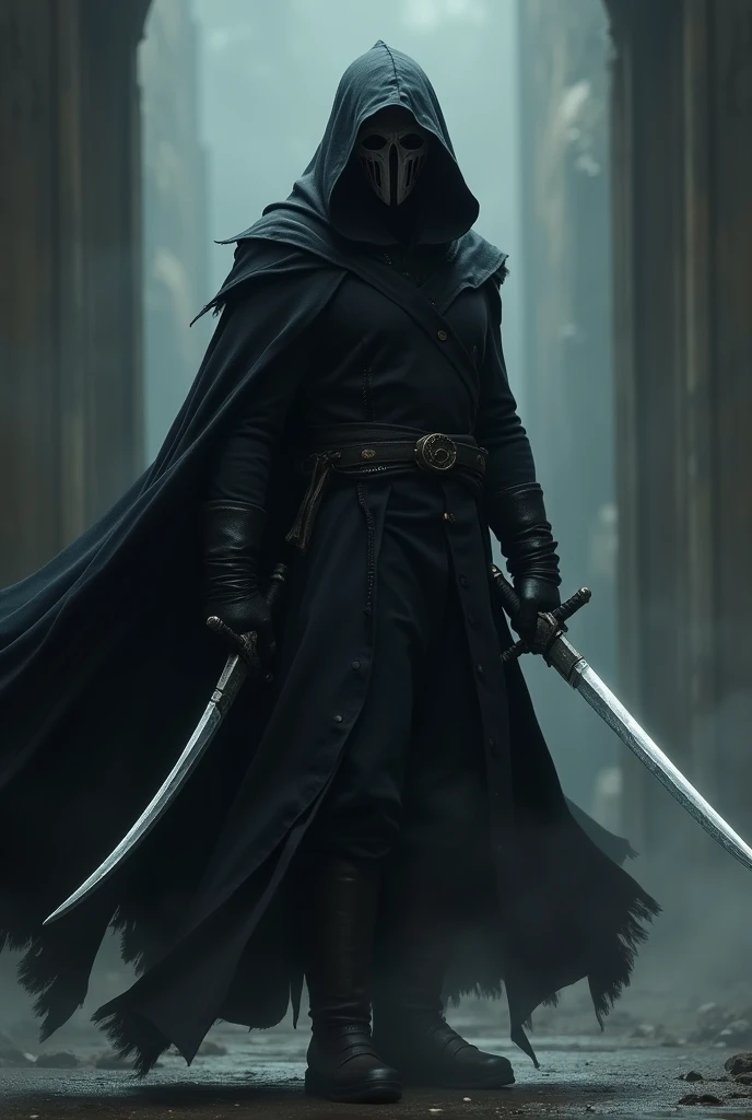 mask warrior, with two swords. Black coat covering