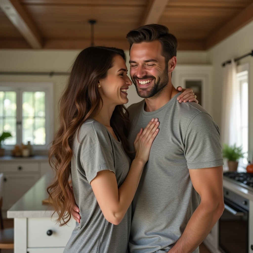 appy marriage, man and woman are 30 years old, woman with long brown hair, in luxury kitchen, big living room, covered breasts, grey t-shirt, laughing, natural lighting, soft texture, hyper realistic, 4k, highly detailed, cinematic lighting, warm color tones, photorealistic, masterpiece, intricate details, elegant, beautiful, charming, soft color palette, pastel colors