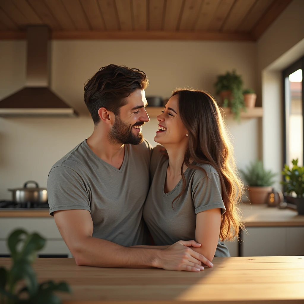 appy marriage, man and woman are 30 years old, woman with long brown hair, in luxury kitchen, big living room, covered breasts, grey t-shirt, laughing, natural lighting, soft texture, hyper realistic, 4k, highly detailed, cinematic lighting, warm color tones, photorealistic, masterpiece, intricate details, elegant, beautiful, charming, soft color palette, pastel colors