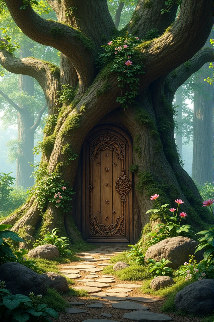 A secret medieval door carved into a tree, half hidden by leaves and flowers