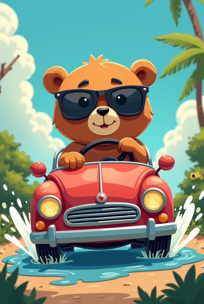 brown bear driving small car, sunglasses, flat cartoon style, 2D illustration, anime, splash water, frog, high quality, high resolution, best art, colorful, intricate background, 