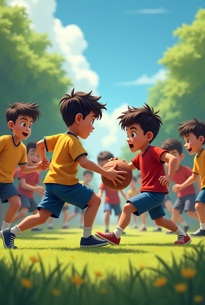 The draw is ten boys together side by side. In front of them there are two boys. One of the boys is trying to hit one of the ten boys with a ball