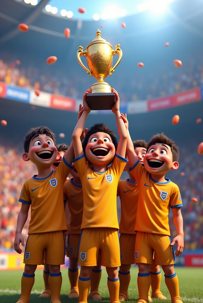 3D Pixar style image of the Corinthians football team in the B series of the championship lifting the champion&#39;s trophy