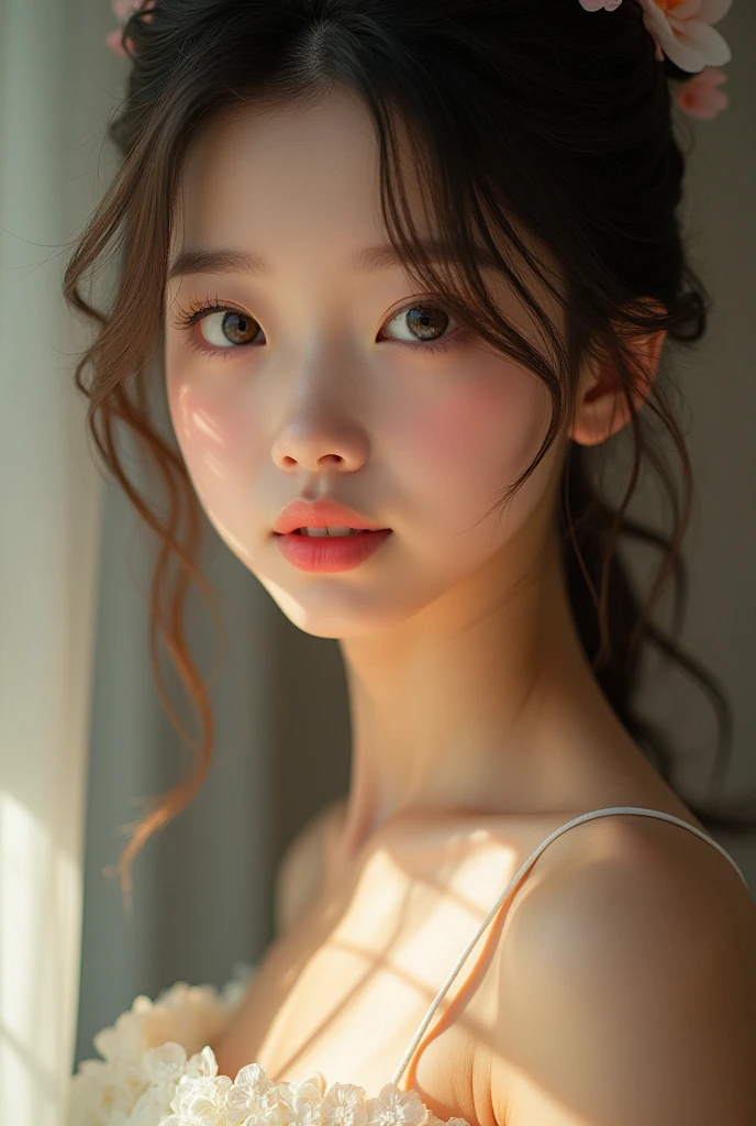 rear view, (flat chest), peaudentation, (), trendy fashion gorgeous beautiful girl, sweet and attractive beautiful chinese girl, 10 years, Delicate and sexy collarbone, pretty oval face, Double eyelids, intelligent peach blossom eyes, Pink lips, small nose, Bare shoulders, Focus on the face, face close-up, ultra high definition, ultra definition, full body photo, ultra fine light transmission, soft and playful upper body, See through