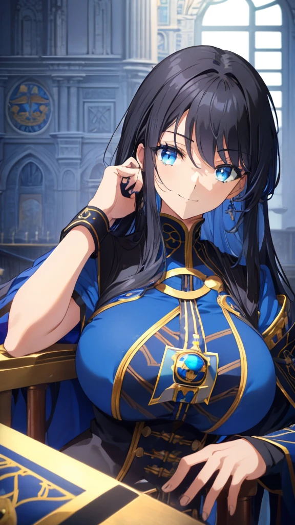 best quality, extremely detailed,anime style 1girl,long hair down to the waist, straight hair, ((((dark black hair with bluish)))),crown braid,beautiful detailed eyes, pinched eyes, (((dark blue eyes))),((huge breasts)),curvy,((((black and blue cool king clothing)))),Fine decoration,clothing with complex patterns,((((castle room)))),((Detailed background)),((Comfortable posture)),((relax pose)),((dynamic angle)),((((light smile))))