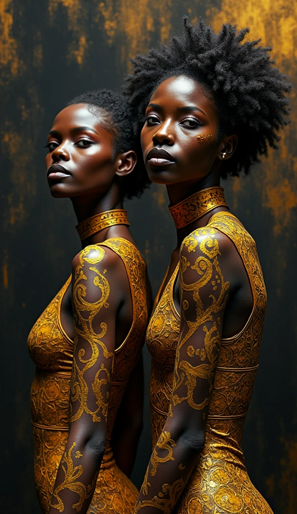 two beautiful women in gold tattoos, in the style of afrofuturism, black paintings, i can't believe how beautiful this is, carnivalcore, digital airbrushing, natural fibers, furaffinity