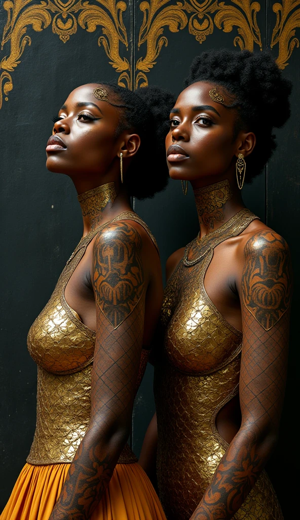 two beautiful women in gold tattoos, in the style of afrofuturism, black paintings, i can't believe how beautiful this is, carnivalcore, digital airbrushing, natural fibers, furaffinity