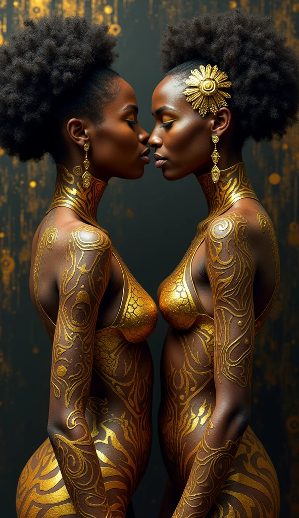two beautiful women in gold tattoos, in the style of afrofuturism, black paintings, i can't believe how beautiful this is, carnivalcore, digital airbrushing, natural fibers, furaffinity
