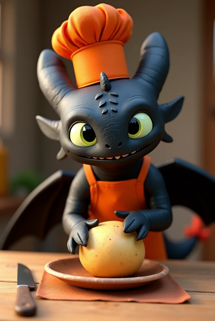 Toothless dragon from the movie Training Your Dragon in a cheerful orange chef costume with a stuffed potato on the table