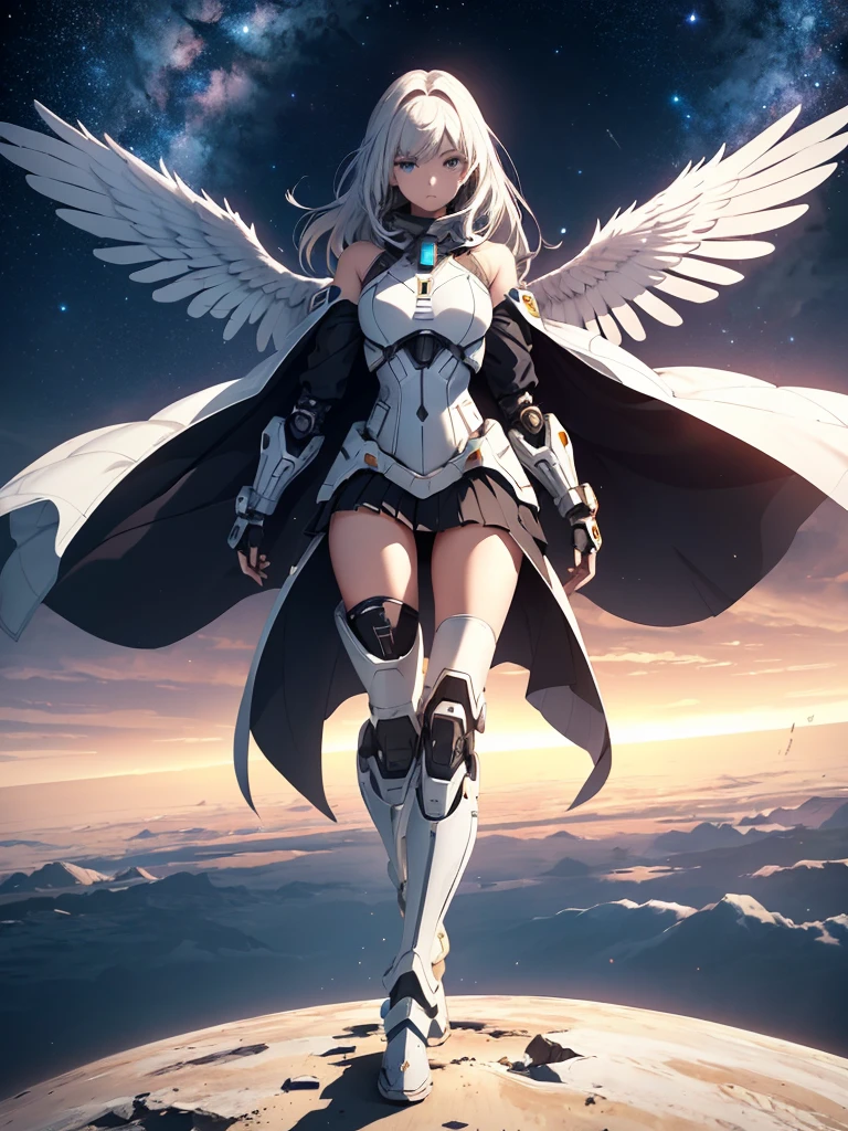 (((full body photo))) Female mech,Spread your two white wings,bare shoulders,Bare waist,Bare with thighs,Armoured pleated skirt,Armored boots,visto ao longe,Arms spread wide,Planetary background,4K resolution,A huge sense of oppression,Machinary,falling from sky,Technology and magic