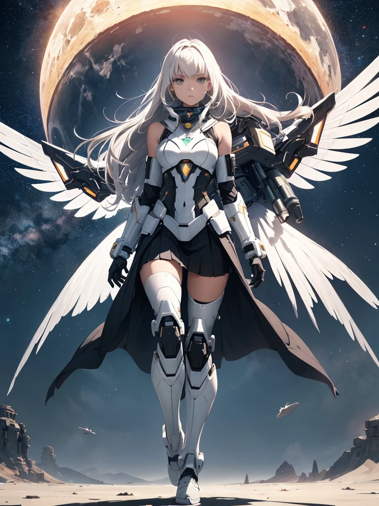 (((full body photo)))  Female mech，Spread your two white wings，bare shoulders​，Bare waist，Bare with thighs，Armoured pleated skirt，Armored boots，visto ao longe，Arms spread wide，Planetary background，4K resolution，A huge sense of oppression，Machinary，falling from sky，Technology and magic