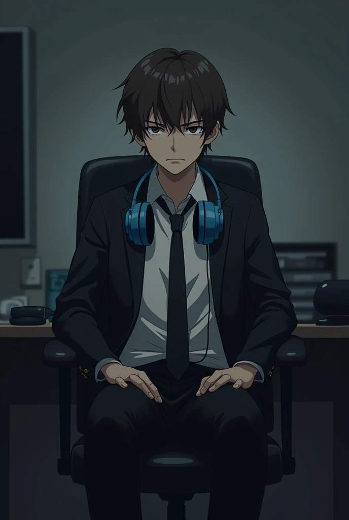 create an anime style image: There is a teenager, White skin, short brown hair, and dark brown eyes. He is wearing a white long-sleeved shirt, a black tie, Black pants, a black jacket and blue headphones around his neck. He is sitting on a black chair staring at the camera and has a serious expression on his face.. The background is of an office that is dark. In the picture you can see him from head to toe. anime style.