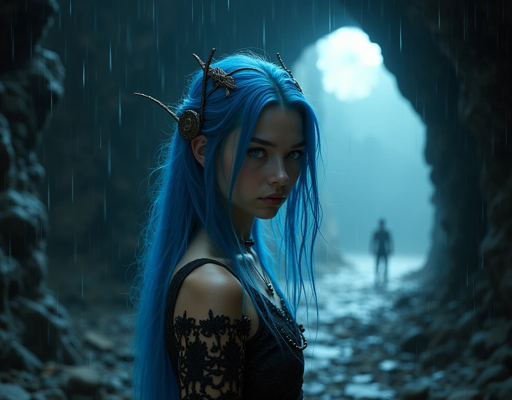 (Beautiful girl on logl:1.3), viking clothes, full moon ,Masterpiece, highest quality, 1girl, Harajuku fashion coordination girl, (Puella Magi Madoka Magica, Sayaka Miki, blue hair, blue eyes, short hair,), musical note hair ornament, rain outside, intricate hair, best illumination, (best shadow, an extremely delicate and beautiful, bloom), masterpiece, best quality:1.1, realistic:1.3, cinematic lighting:1.2, in the dark cavern:1.5, ultra photoreal, photorealistic:1.0, sharp focus:1.1, depth of field:1.1, 50mm, style of Nathan Wirth, Hasselblad X1D II, Porta 160, big tits,naked