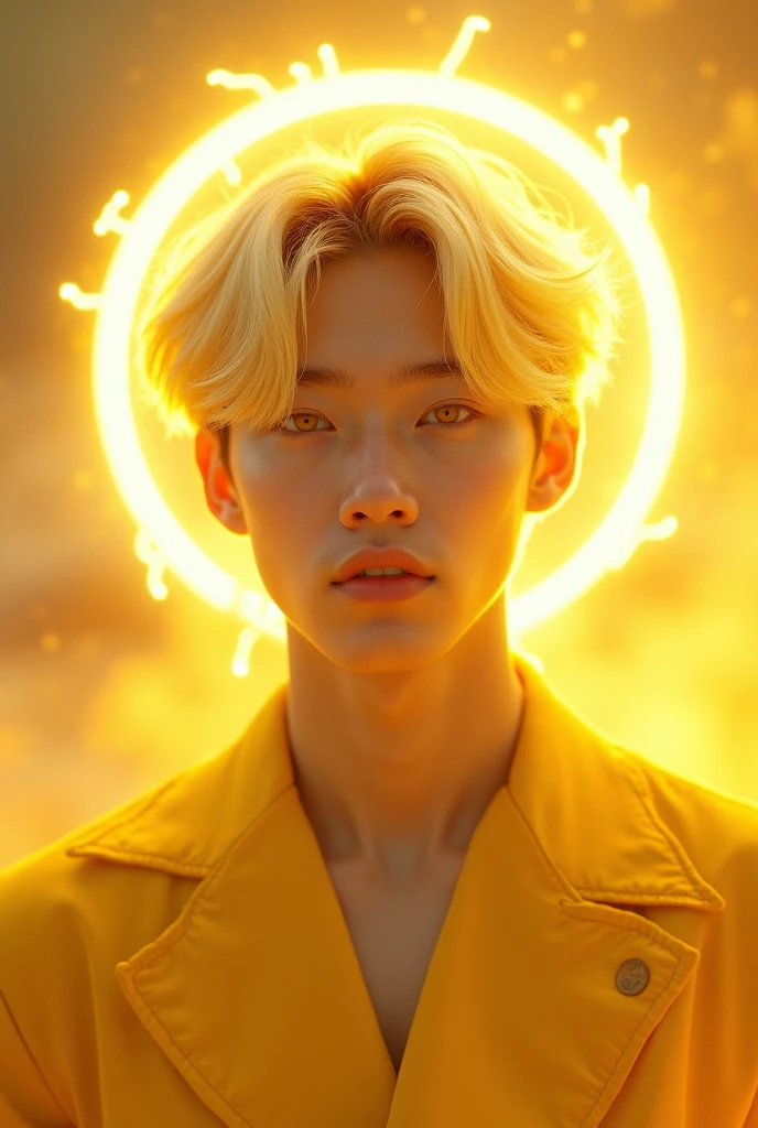 A young and cute beautiful Korean man with bright blonde hair a smooth skin and bright yellow eyes. He stand in front of the sun in a bright light, wearing a yellow outfit, he control the lightning and light. Teenage trait