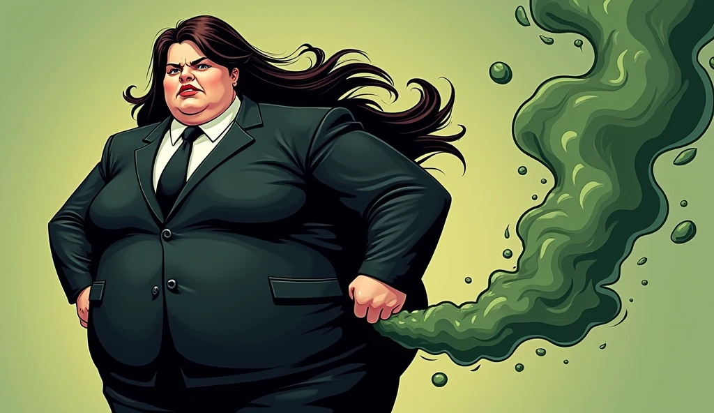 beautiful long haired morbidly obese female mob boss, her outfit is a black mobster suit, she is farting and a smelly olive green gas comes out of her buttcheeks, comic artstyle