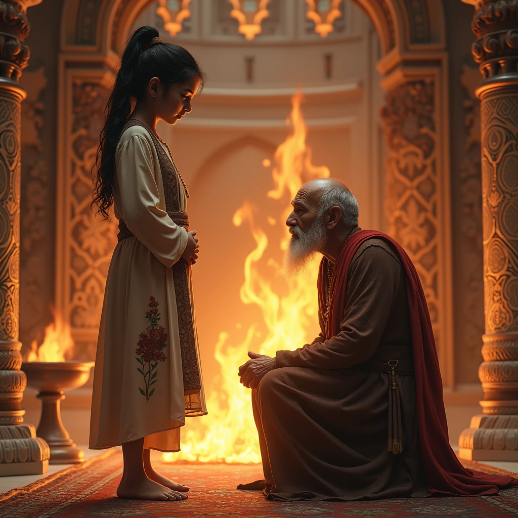 The Iranian girl before whom the kind old god of fire is kneeling and looking at each other
