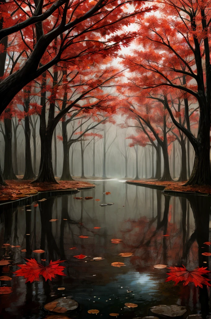 dark and gloomy swamp with red maple tree with little water on the ground