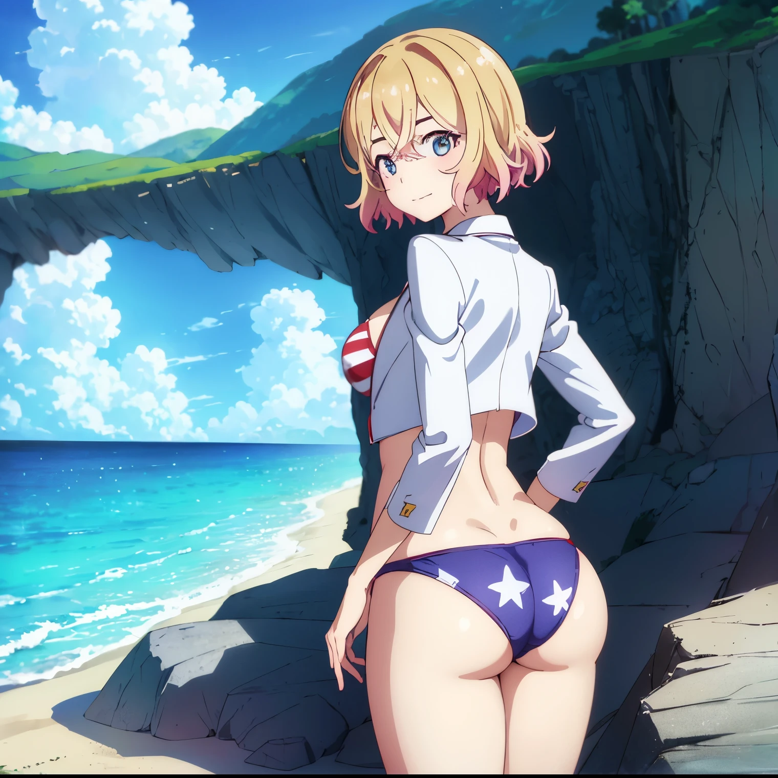 ((1 girl)),((solo)),mami nanami, Ultra detailed, sharp focus, detailed background, detailed eyes, Masterpiece, Dynamic posture, curvy body, perfect body, Perfect fingers, cowboy shot, hands on waist, looking at viewer, short hair, aquamarine eyes, blonde hair, hair between the eyes, medium breasts, narrow waist, wide hips, wide thighs, round butt, ((Exposed navel, Jacket, Swimsuit, bikini, white Jacket, American flag print, bikini with American flag)), ((alone)),((Standing:1.4, outdoors, beach, Sea, sunny, Clouds, leaning on a rock)), blushing, seductive expression, smile, closed mouth, looking back, from behind, ((focus on butt:1.4)), ((round butt)), pov (from below), perfect anatomy, perfect hands