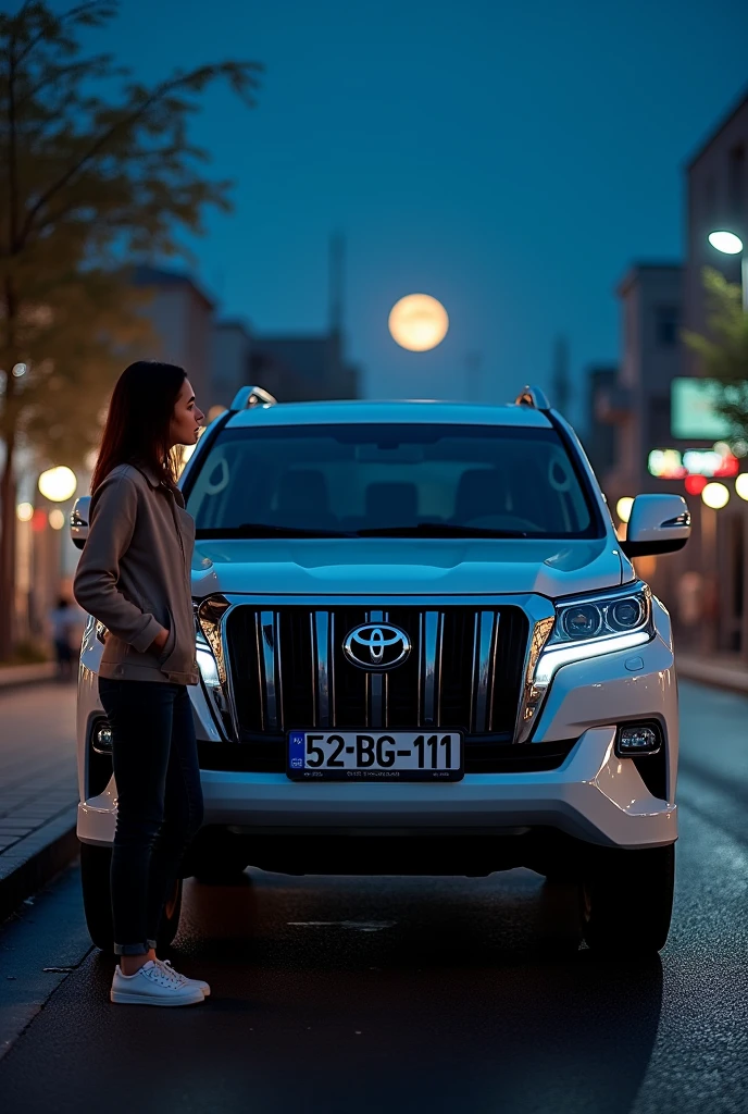 Toyota Land Cruiser Prado 2.8 L, Let the model number plate be 2023, let it be Azerbaijan plate, 52-BG-131, let it be white, let it be Azerbaijan Baku and let there be a girl next to you, let it be moonlight at night.