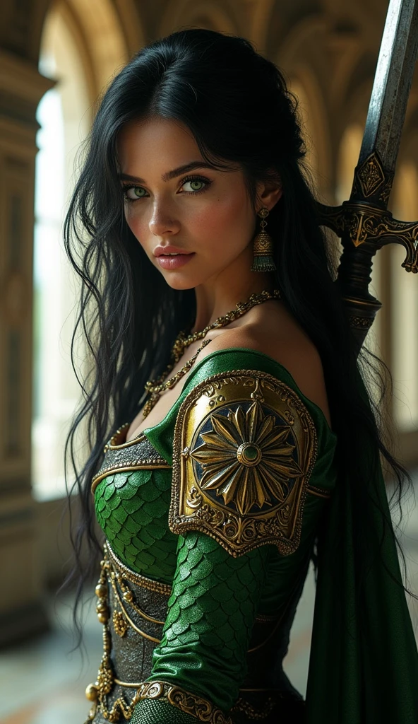 Attractive female with long black hair and green eyes. Smolder. Seductive-expression. Wearing armor of green dragon scales with gold trim and gold inlays. Large sword over her back. No helmet., castle interior background.digital painting,  digital illustration,  extreme detail,  digital art,  8k, ultra hd, beautiful d&d character portrait,  dark fantasy,  detailed,  realistic face,  digital portrait,  intricate armor,  fiverr dnd character,  wlop,  stanley artgerm lau,  ilya kuvshinov,  artstation,  hd,  octane render,  hyperrealism, dynamic lighting, unreal engine, clean lines, deviantart