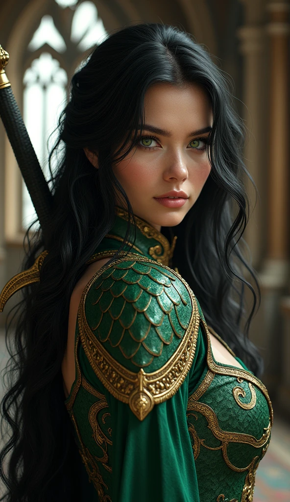 Attractive female with long black hair and green eyes. Smolder. Seductive-expression. Wearing armor of green dragon scales with gold trim and gold inlays. Large sword over her back. No helmet., castle interior background.digital painting, digital illustration, extreme detail, digital art, 8k, ultra hd, beautiful d&d character portrait, dark fantasy, detailed, realistic face, digital portrait, intricate armor, fiverr dnd character, wlop, stanley artgerm lau, ilya kuvshinov, artstation, hd, octane render, hyperrealism, dynamic lighting, unreal engine, clean lines, deviantart