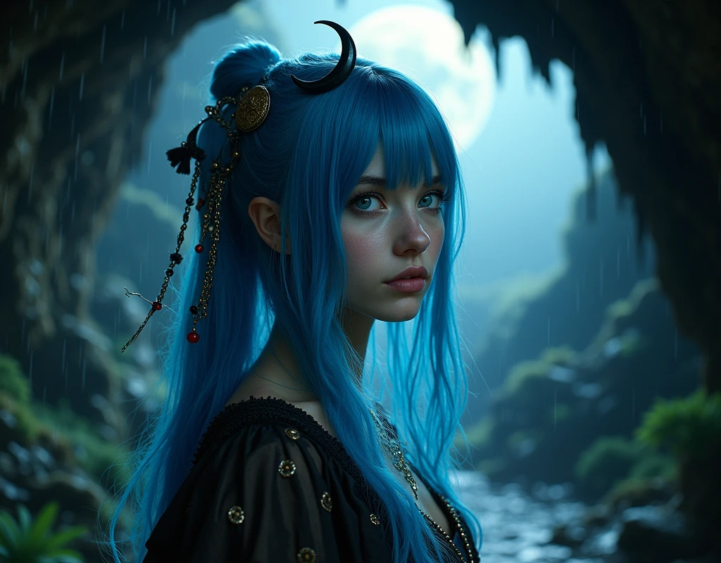 (Beautiful girl on logl:1.3), viking clothes, full moon ,Masterpiece, highest quality, 1girl, Harajuku fashion coordination girl, (Puella Magi Madoka Magica, Sayaka Miki, blue hair, blue eyes, short hair,), musical note hair ornament, rain outside, intricate hair, best illumination, (best shadow, an extremely delicate and beautiful, bloom), masterpiece, best quality:1.1, realistic:1.3, cinematic lighting:1.2, in the dark cavern:1.5, ultra photoreal, photorealistic:1.0, sharp focus:1.1, depth of field:1.1, 50mm, style of Nathan Wirth, Hasselblad X1D II, Porta 160, big tits,naked