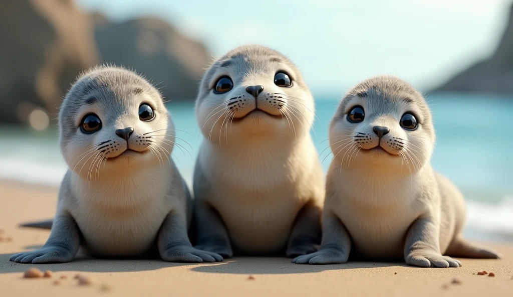 Photorealistic、high resolution、Front view、Three cute seals in the photo、No people、There are no humans