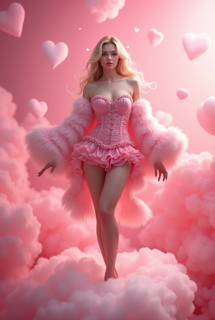 "A man dressed as a goddess of love in a corset and short, layered skirt with fur trim on the sleeves. The outfit is pink and has a sexy, playful vibe. The background is pink with floating hearts, and the character is sitting on a cloud."